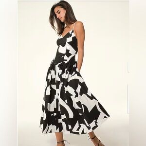 Black & White Abstract Print Midi Dress | Pockets | Adjustable Straps